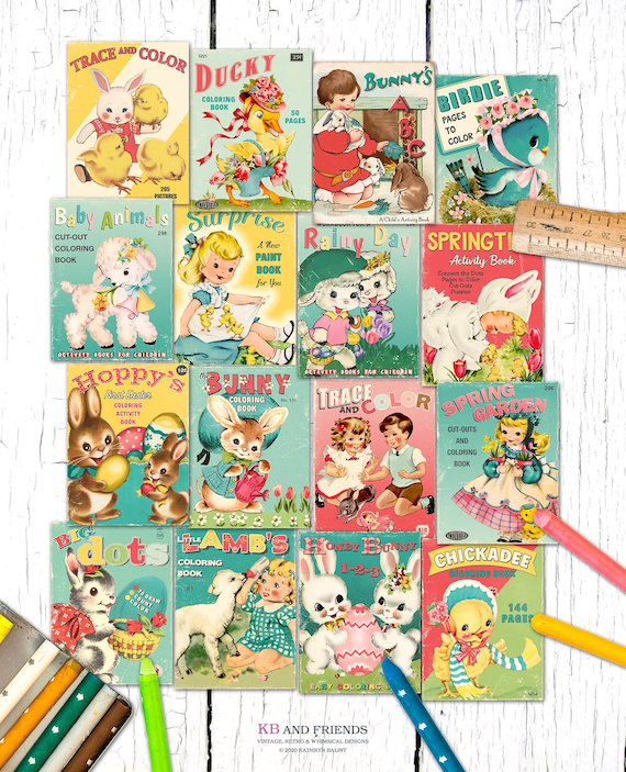 Retro easter spring printable childrens coloring book covers for gift tags crafts junk journals ephemera cards sizes pdf jpeg