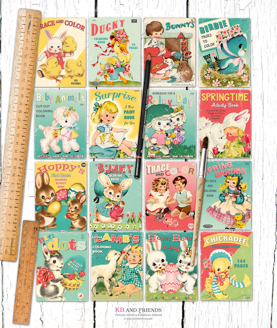 Retro easter spring printable childrens coloring book covers for gift tags crafts junk journals ephemera cards sizes pdf jpeg