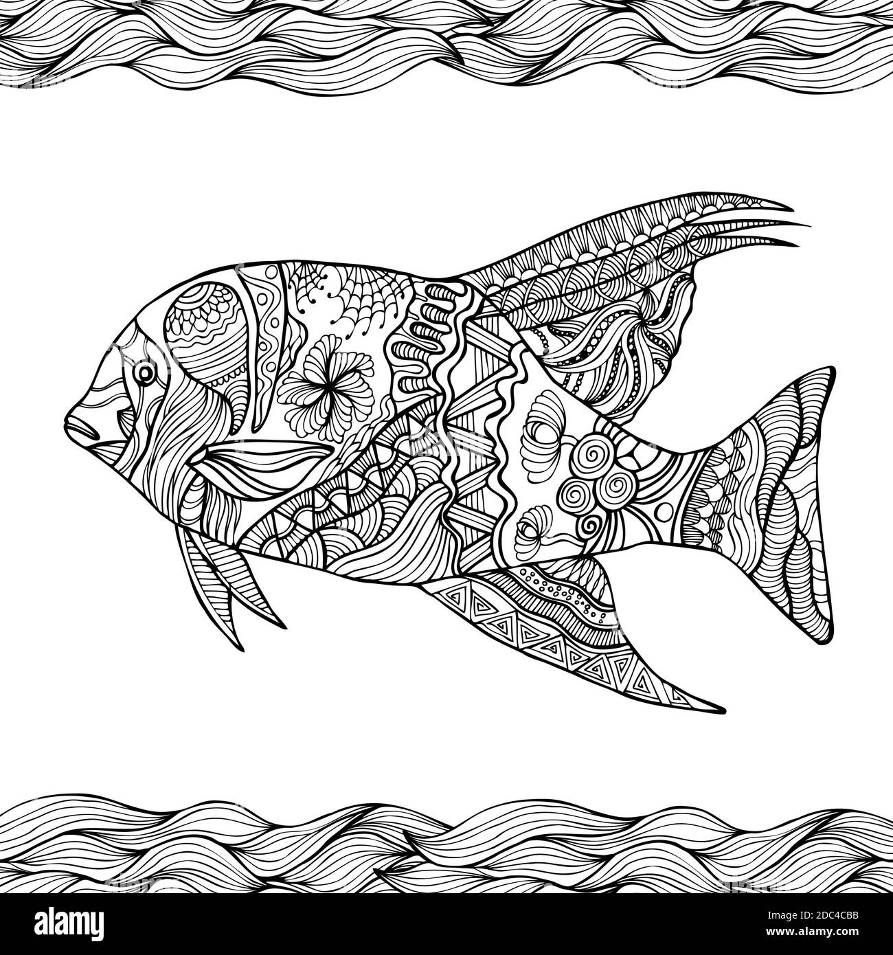 Hand drawn stylized fish with doodle zentangle floral vintage elements with waved pattern frame coloring page for coloring book for adults isola stock vector image art