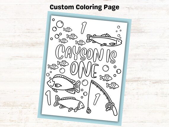 Custom fish coloring page ofishally one activity sheet kids birthday party party printable coloring page year old fish birthday party