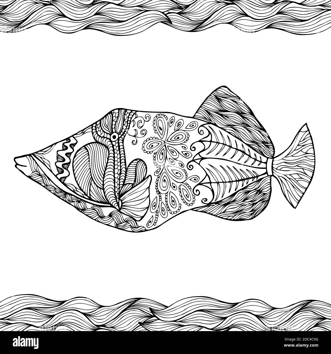 Hand drawn stylized fish with doodle zentangle floral vintage elements with waved pattern frame coloring page for coloring book for adults isola stock vector image art