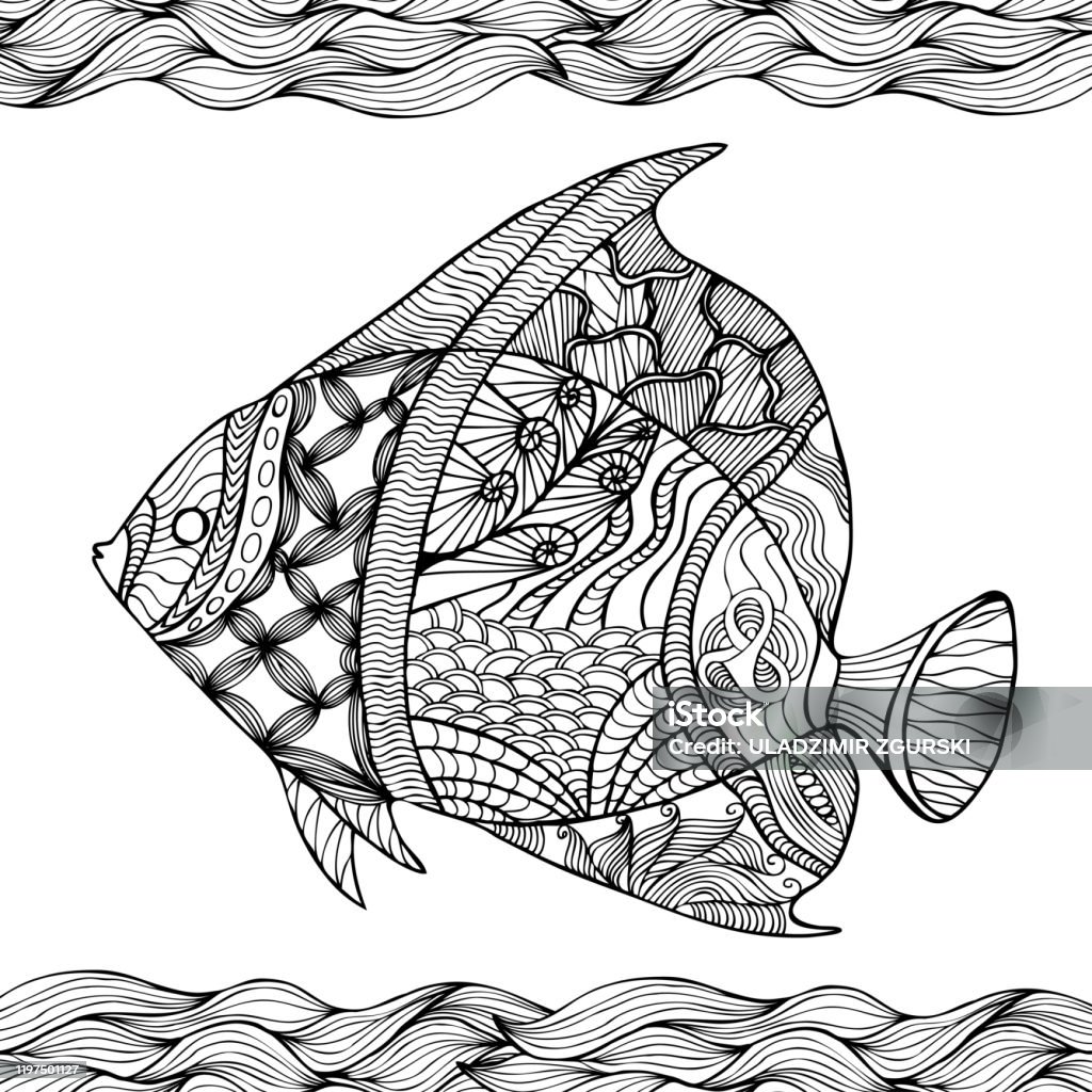 Hand drawn stylized fish with doodle floral vintage elements with waved pattern frame coloring page for coloring book for adults isolated on white stock illustration