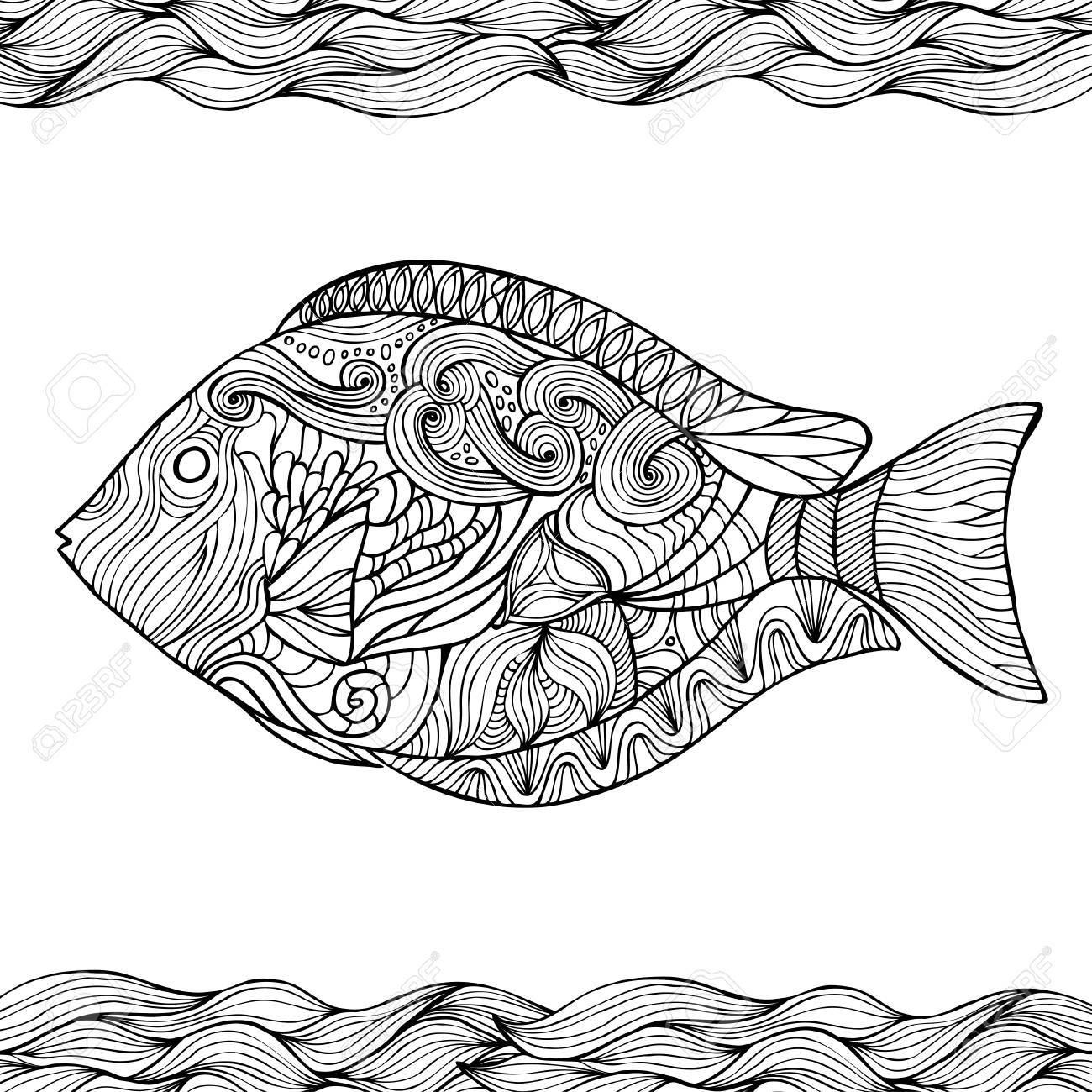 Hand drawn stylized fish with doodle zentangle floral vintage elements with waved pattern frame coloring page for coloring book for adults isolated on white royalty free svg cliparts vectors and stock illustration