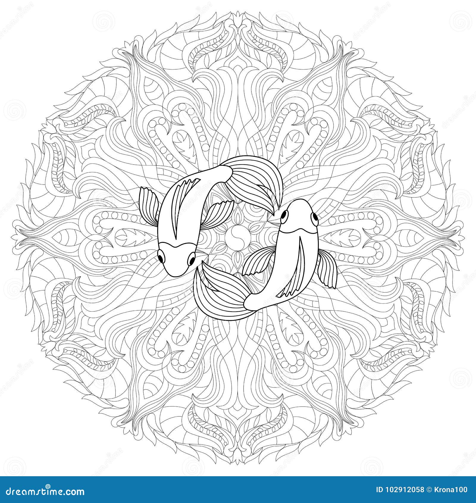 Coloring page for adults seamless pattern with zentangl doodle fishes vintage stock vector