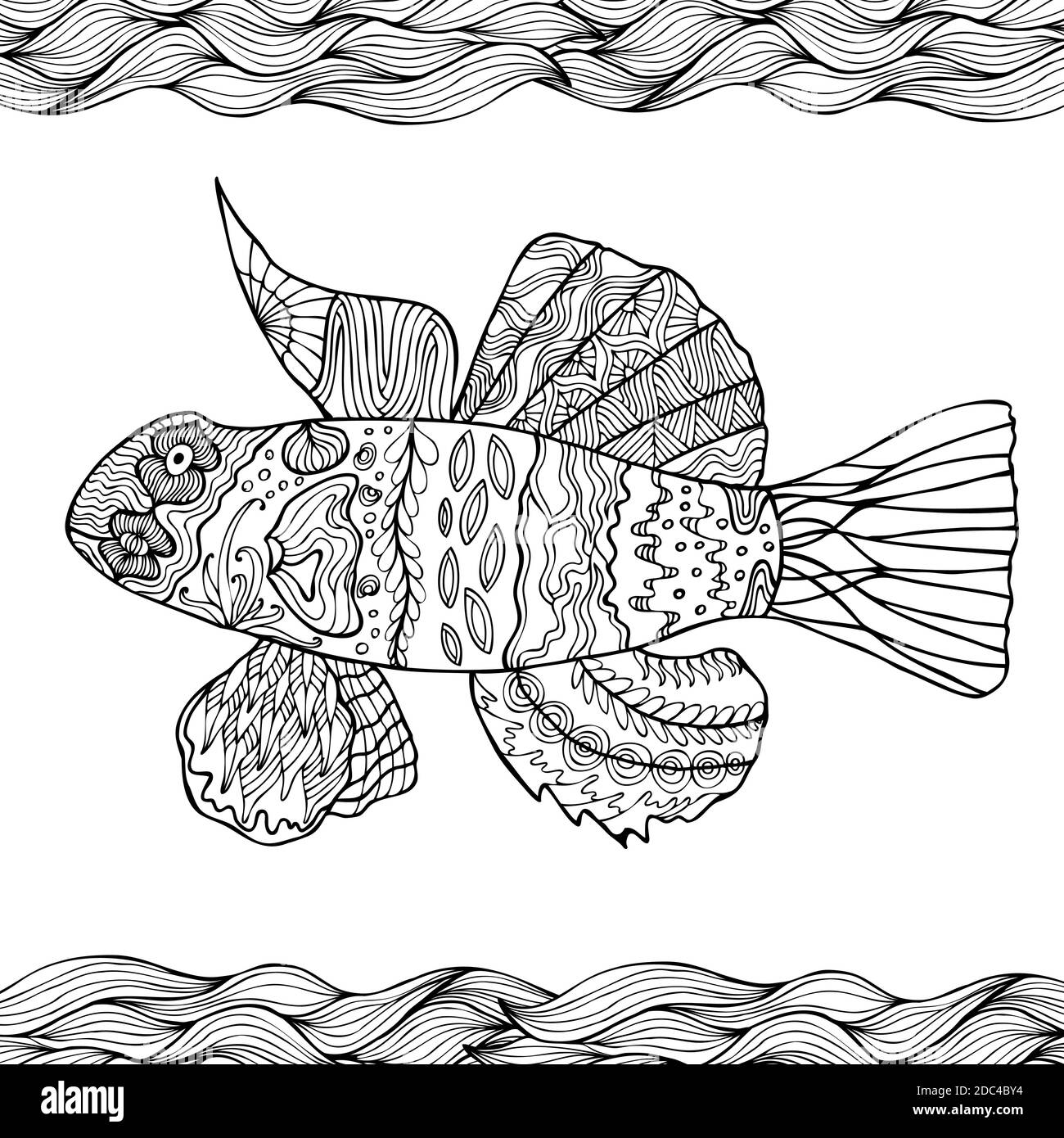 Hand drawn stylized fish with doodle zentangle floral vintage elements with waved pattern frame coloring page for coloring book for adults isola stock vector image art