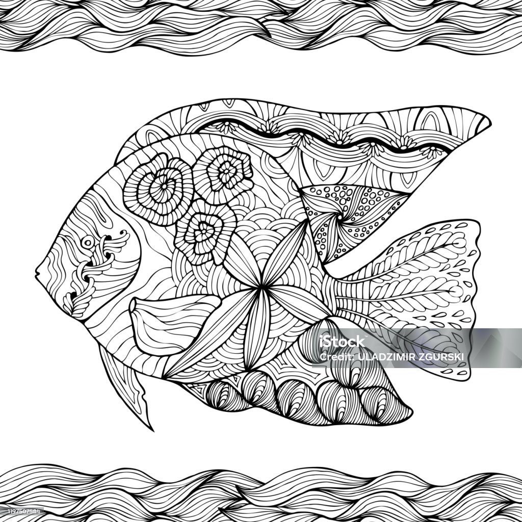 Hand drawn stylized fish with doodle floral vintage elements with waved pattern frame coloring page for coloring book for adults isolated on white stock illustration