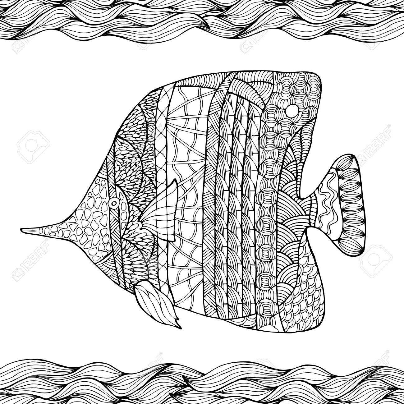 Hand drawn stylized fish with doodle zentangle floral vintage elements with waved pattern frame coloring page for coloring book for adults isolated on white royalty free svg cliparts vectors and stock illustration