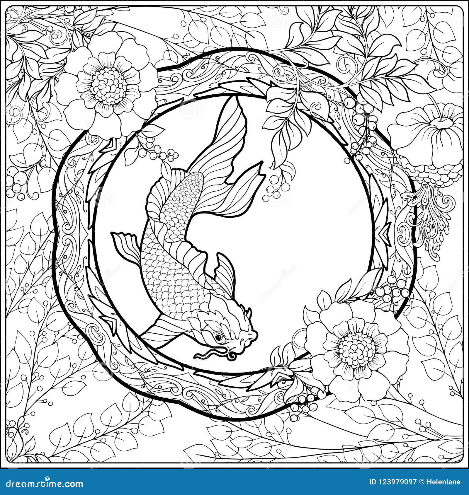 Poster with decorative flowers and carp fish in art nouveau style page for the adult coloring book stock vector