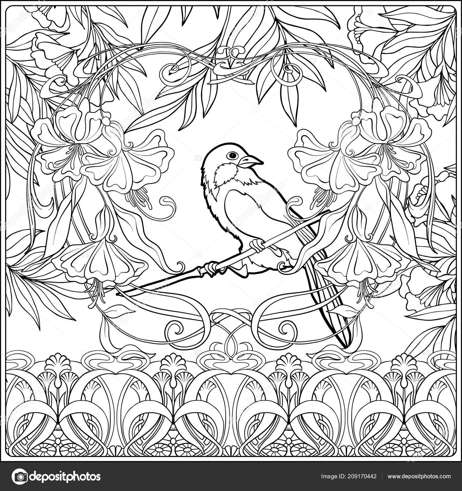 Poster with decorative flowers and carp fish in art nouveau style page for the adult coloring book stock vector by elenabesedina