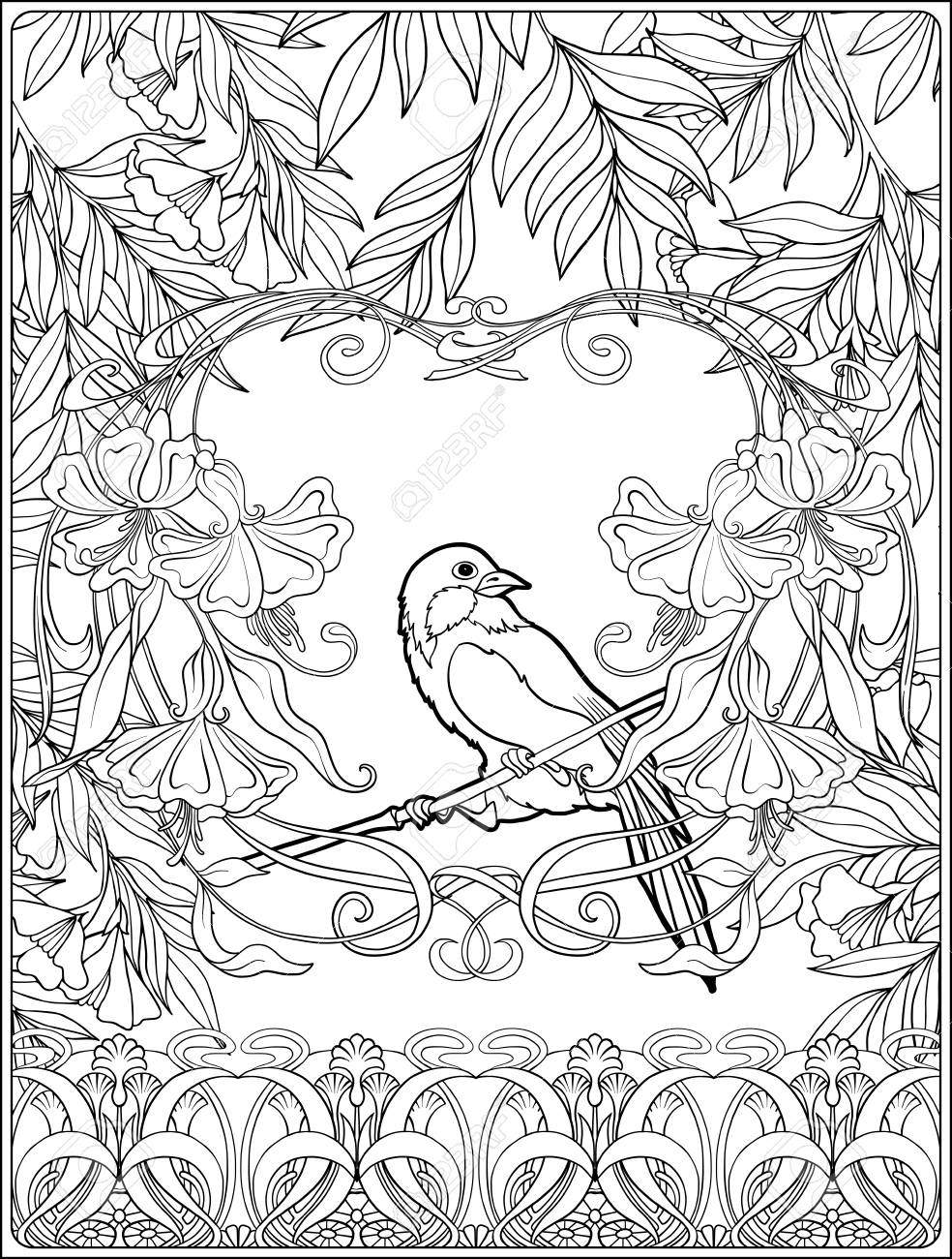 Poster background with decorative flowers and carp fish in art nouveau style vintage old retro style outline coloring page for the adult coloring book vector illustration royalty free svg cliparts vectors and