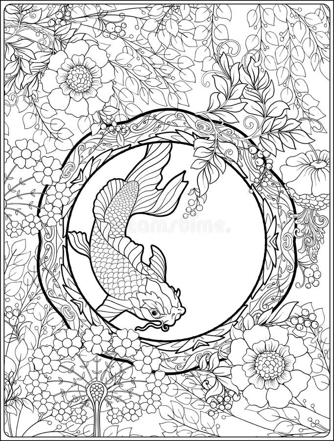 Poster with decorative flowers and carp fish in art nouveau style page for the adult coloring book stock vector