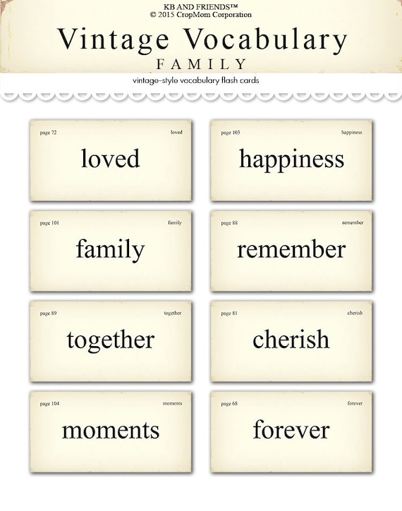 Digital vintage family vocabulary flash cards by downloadable printable pdf collage sheet scrapbooking embellishment