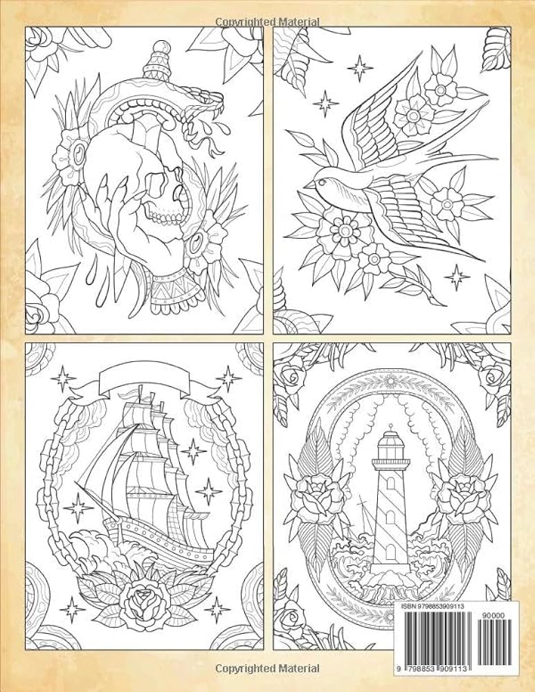 Vintage tattoo flash coloring book stress