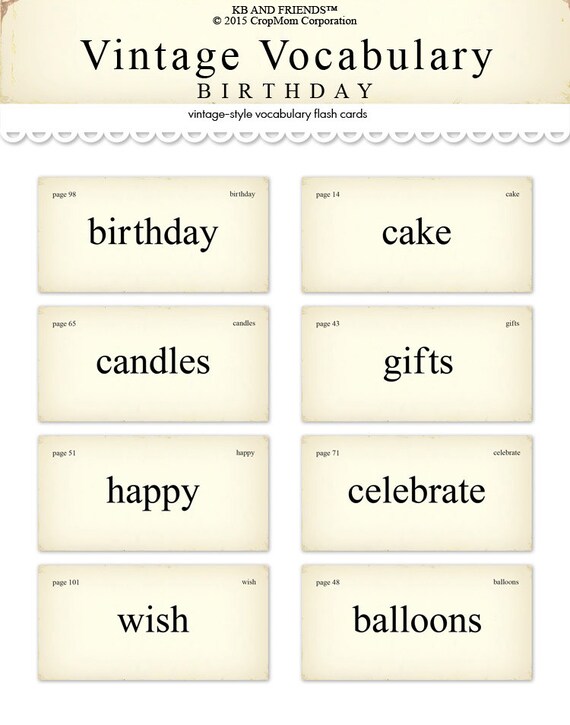 Digital vintage birthday vocabulary flash cards by downloadable printable pdf collage sheet scrapbook embellishment