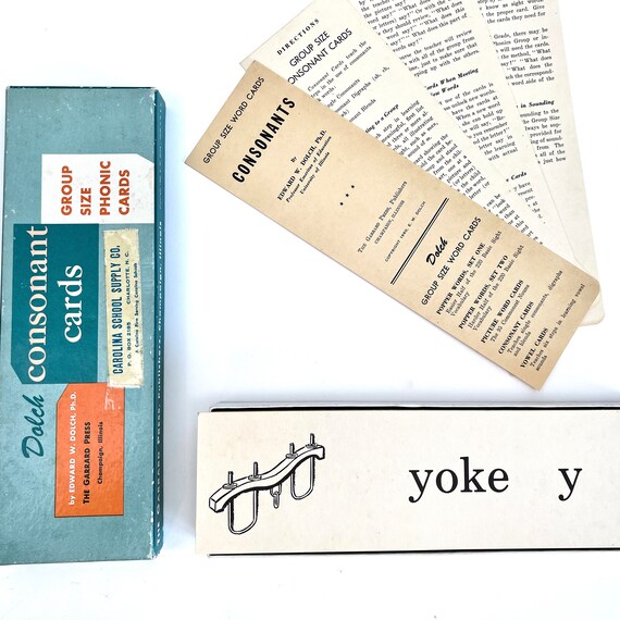 Vintage s childrens school phonics consonant picture word flash cards by dolch in original box