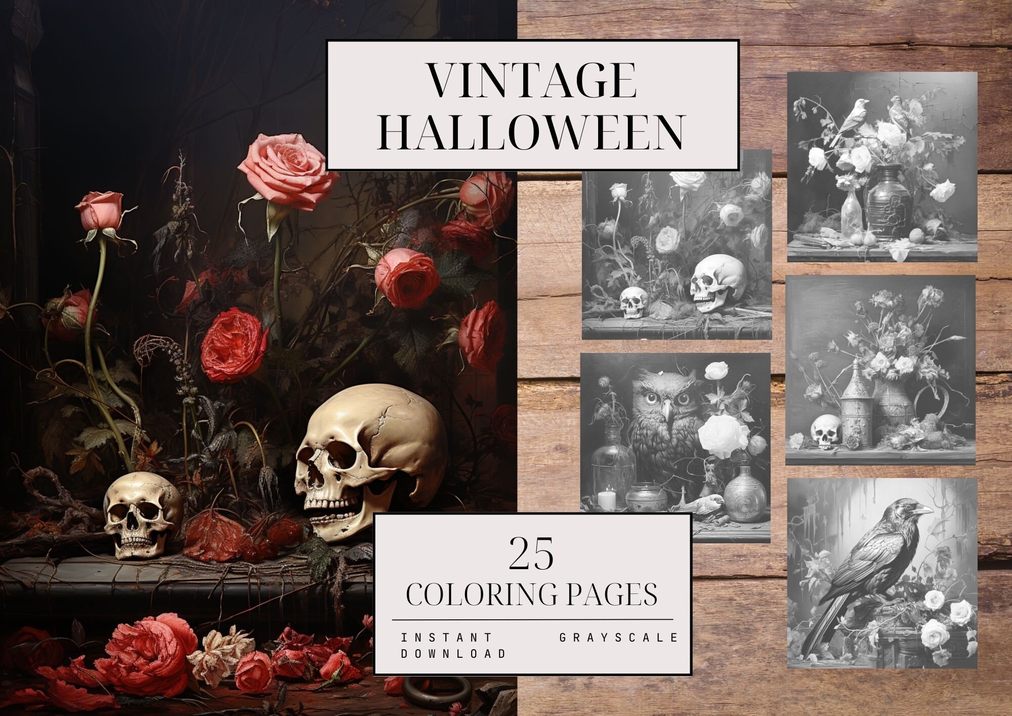 Vintage halloween grayscale coloring pages dark accademy still life digital download dark light grayscale version adult coloring book
