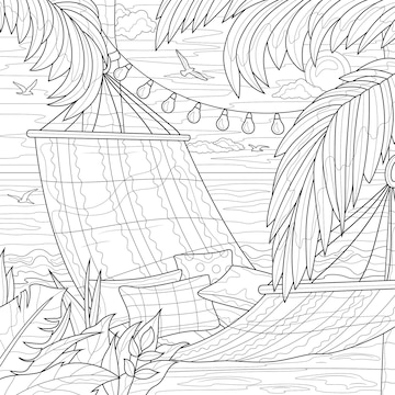 Premium vector hammock by the sea and palm trees coloring book antistress for children and adults