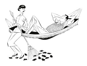 Man laying in hammock while woman rakes leaves t csa images