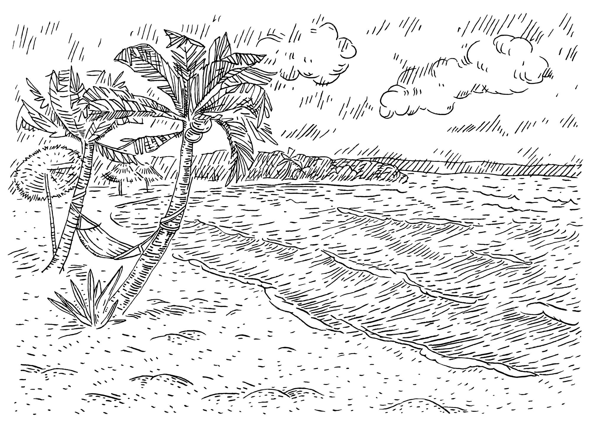Premium vector panorama sea with palm tree beach hammock umbrella clouds isolated on white background vintage vector black engraving illustration hand drawn design