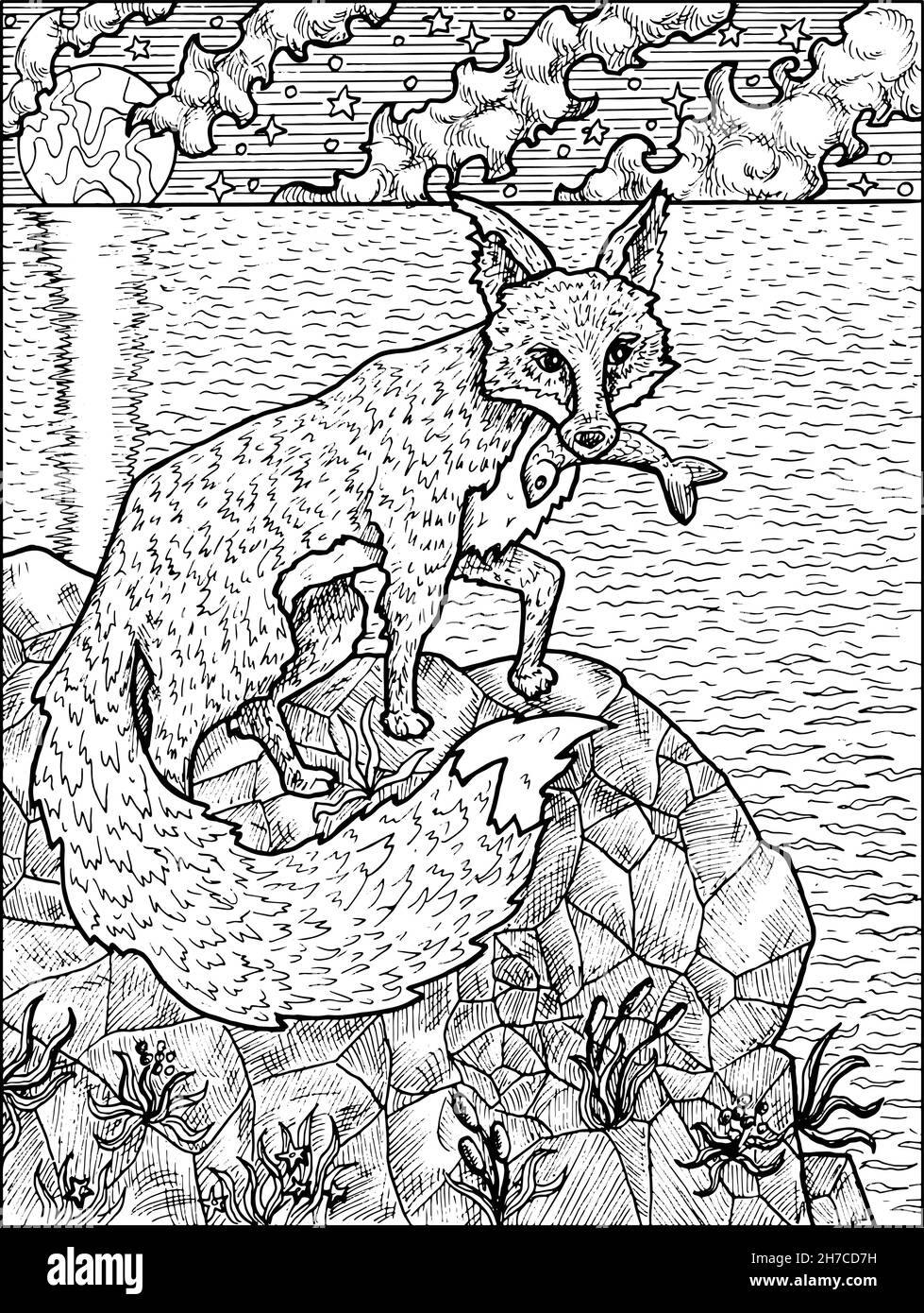 Black and white illustration of hunting fox holding fish against the background of sea and clouds vector vintage drawings marine concept coloring stock vector image art