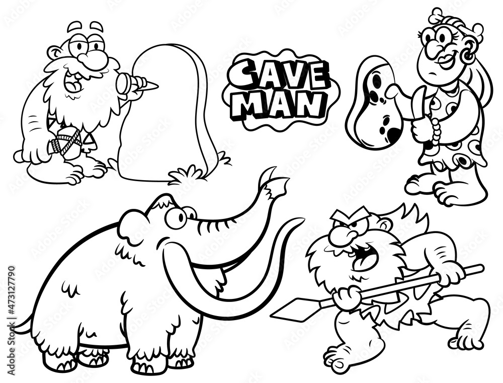 Black and white cartoon illustration of stone age living caveman hunting a mammoth with spear cavewoman