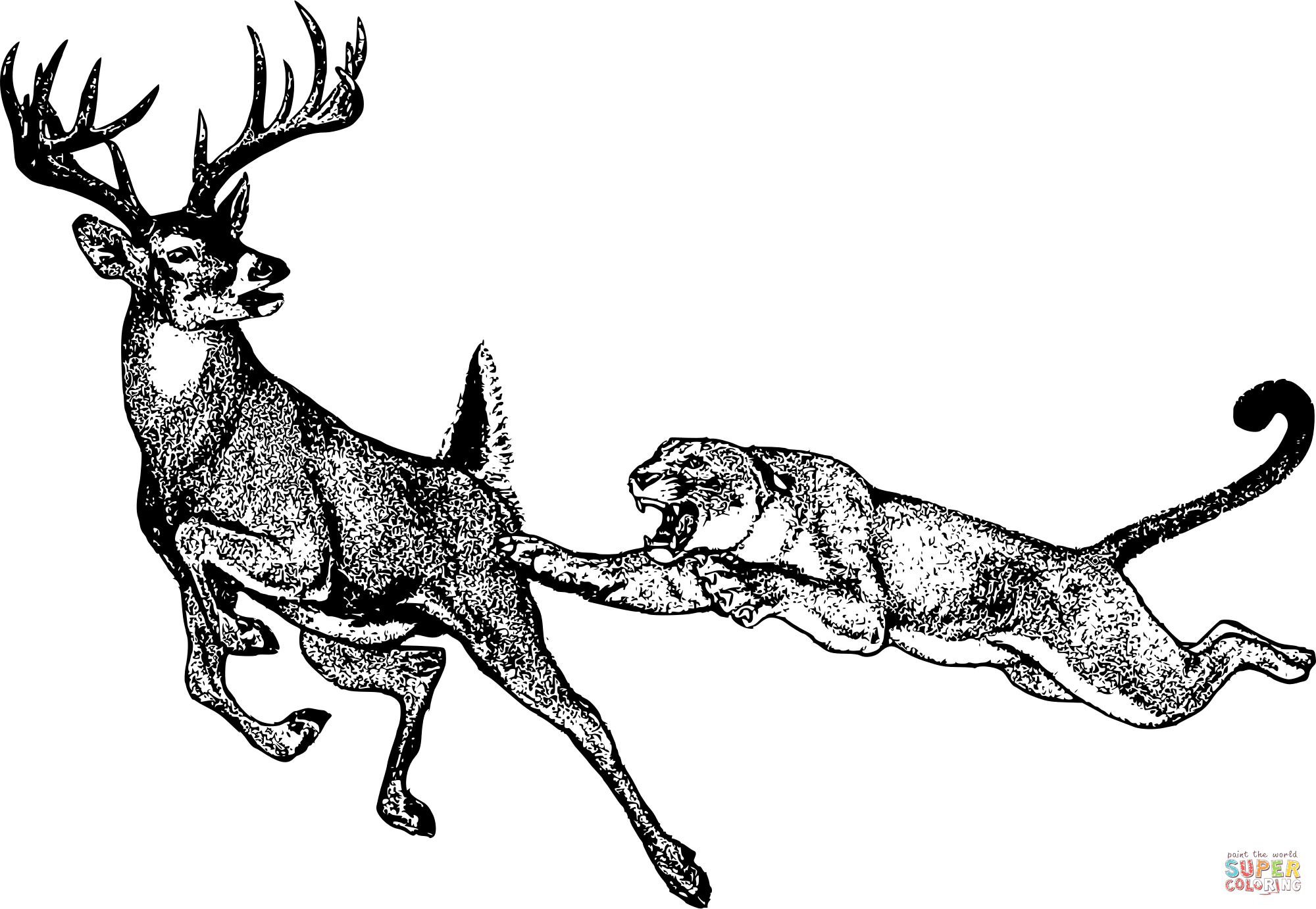 Vintage deer and mountain loin coloring page free printable coloring pages
