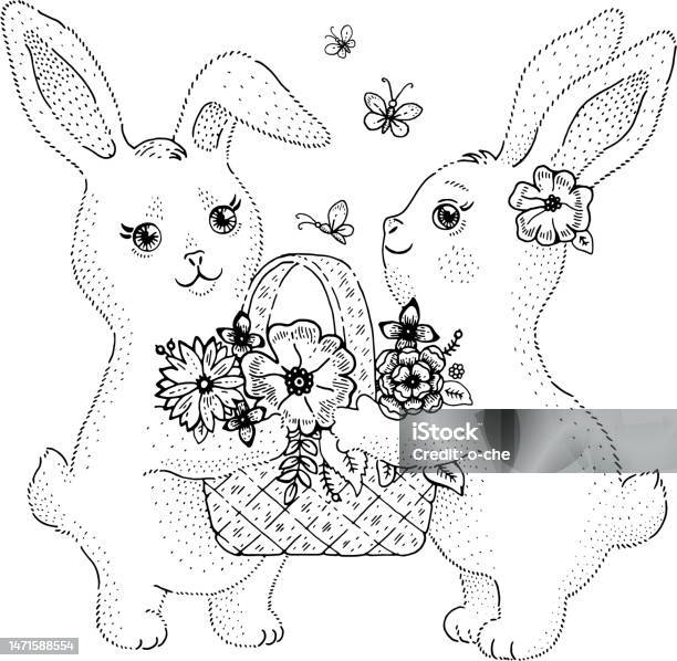 Easter bunny with chick happy easter rabbit in flower crown wreath baby egg hunting art cute spring butterfly vintage animal vector icon chocolate egg background for girl holiday sketch cartoon stock illustration