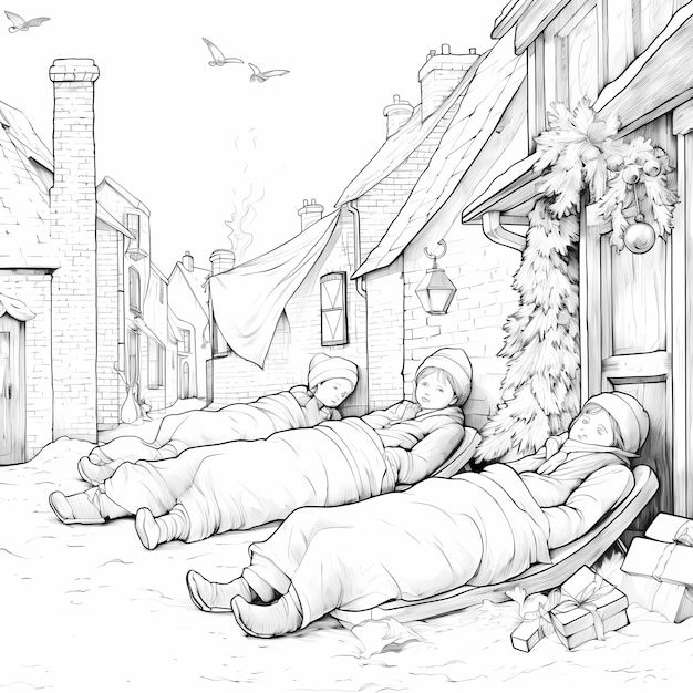 Premium ai image dreamy christmas night vintage village coloring page with sleeping children and santas