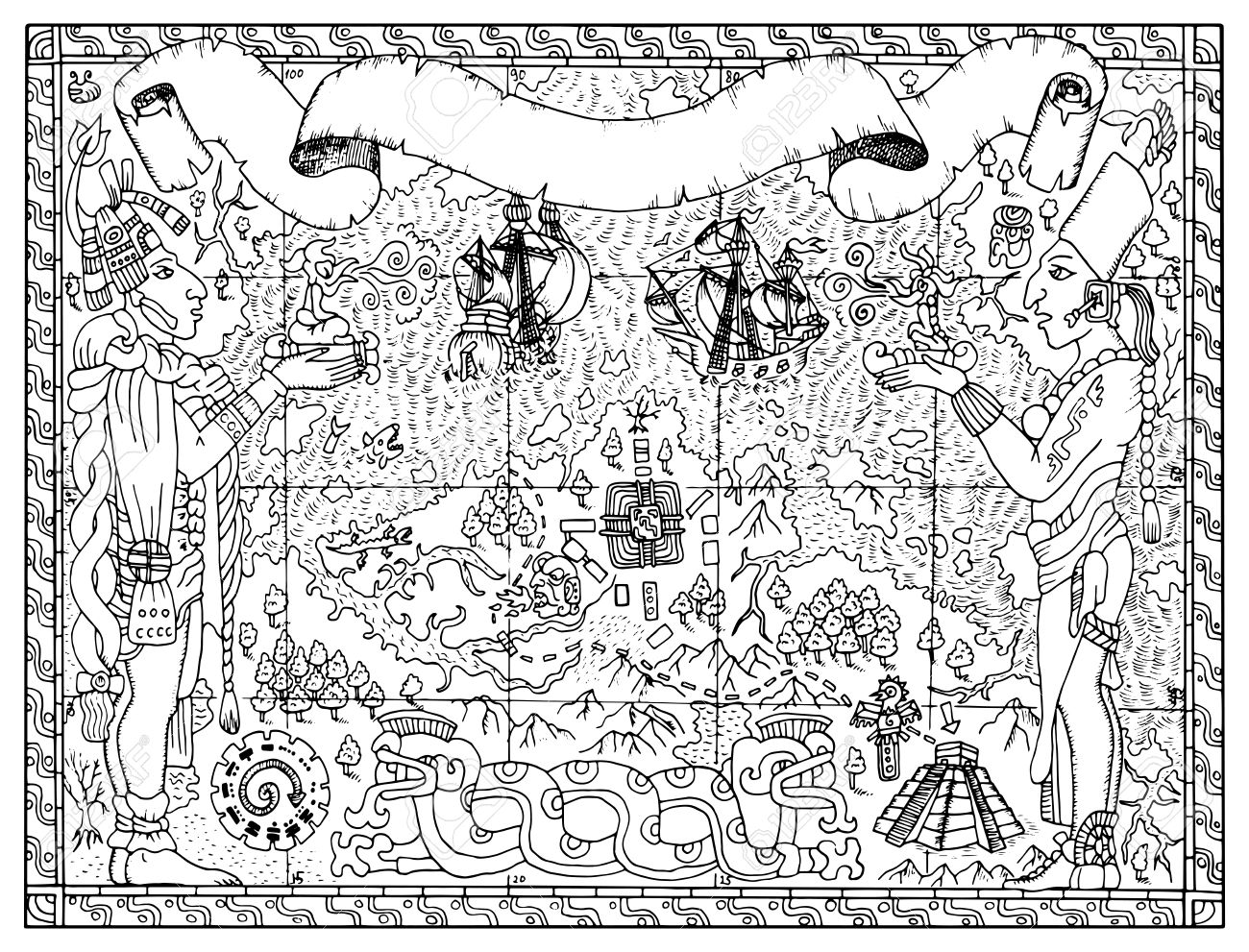 Mayan aztec or pirate map with two gods ships and fantasy land hand drawn vector illustration for adult or kids coloring book vintage adventures treasures hunt and old transportation concept stock photo