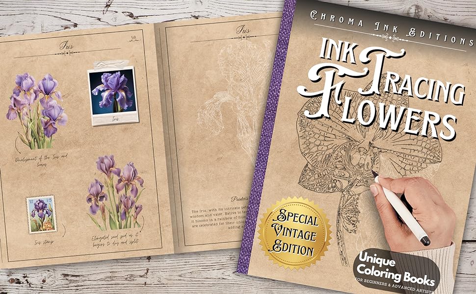 Ink tracing flowers vintage explorers flower coloring book