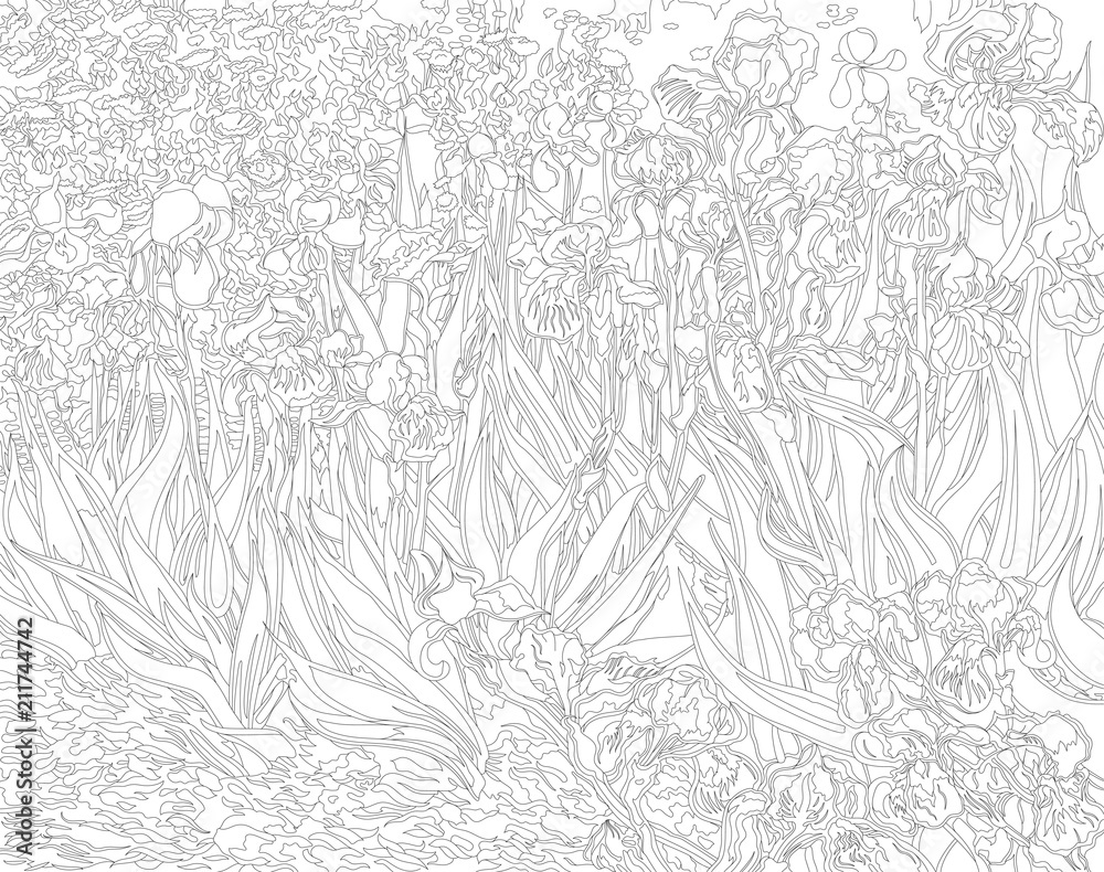 Irises by vincent van gogh adult coloring page vector