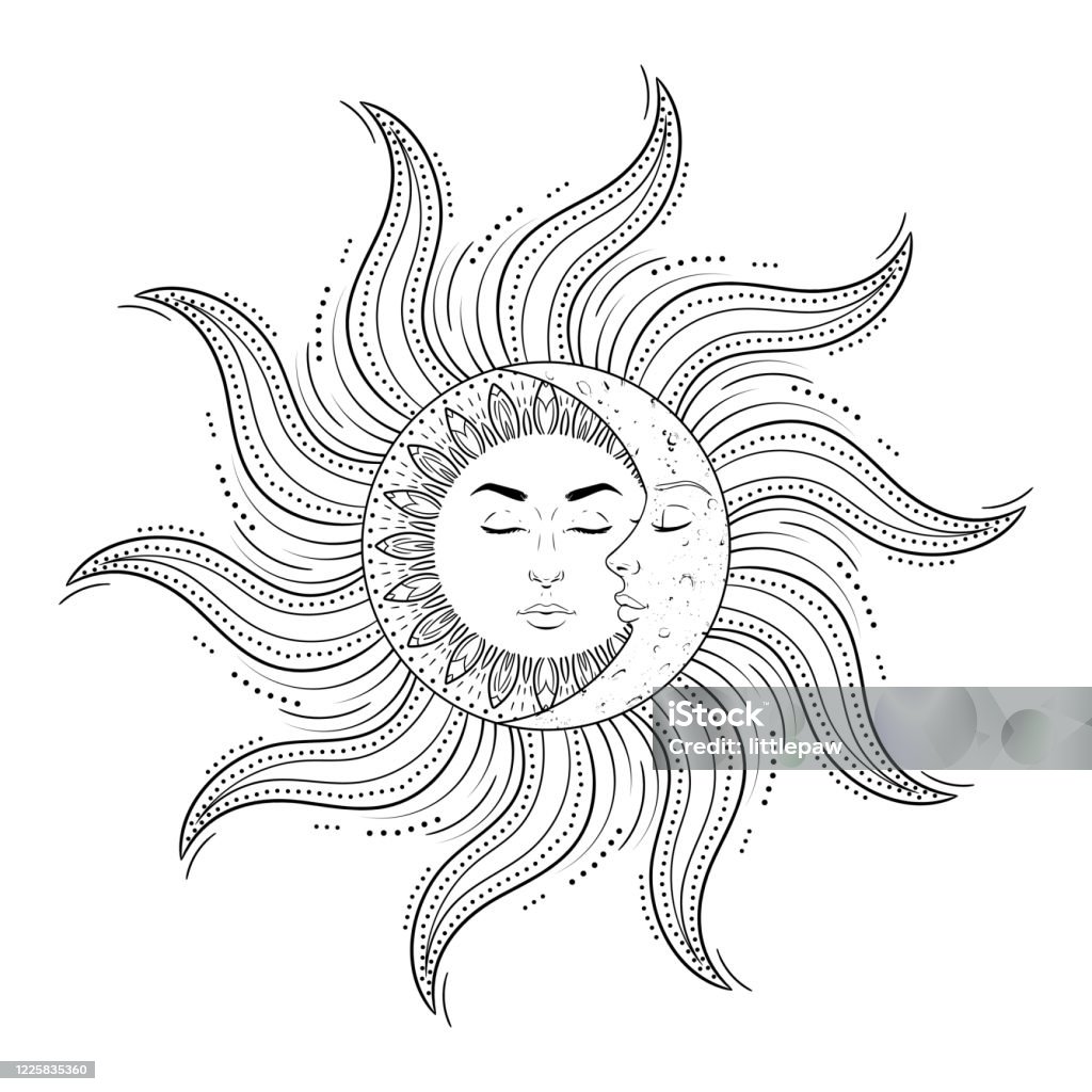 Sun and moon with man and woman faces on white background vintage mystic symbol art vector illustration stock illustration