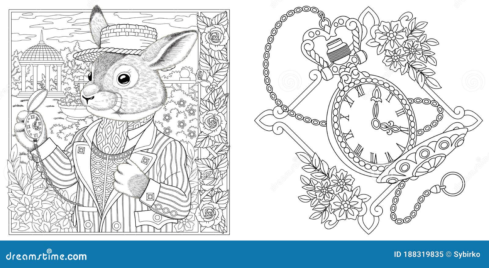 Coloring pages with bunny and vintage pocket watch stock vector
