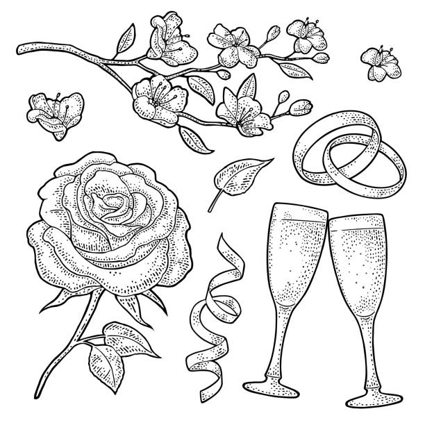 Wedding set vintage black vector engraving isolated on white stock illustration