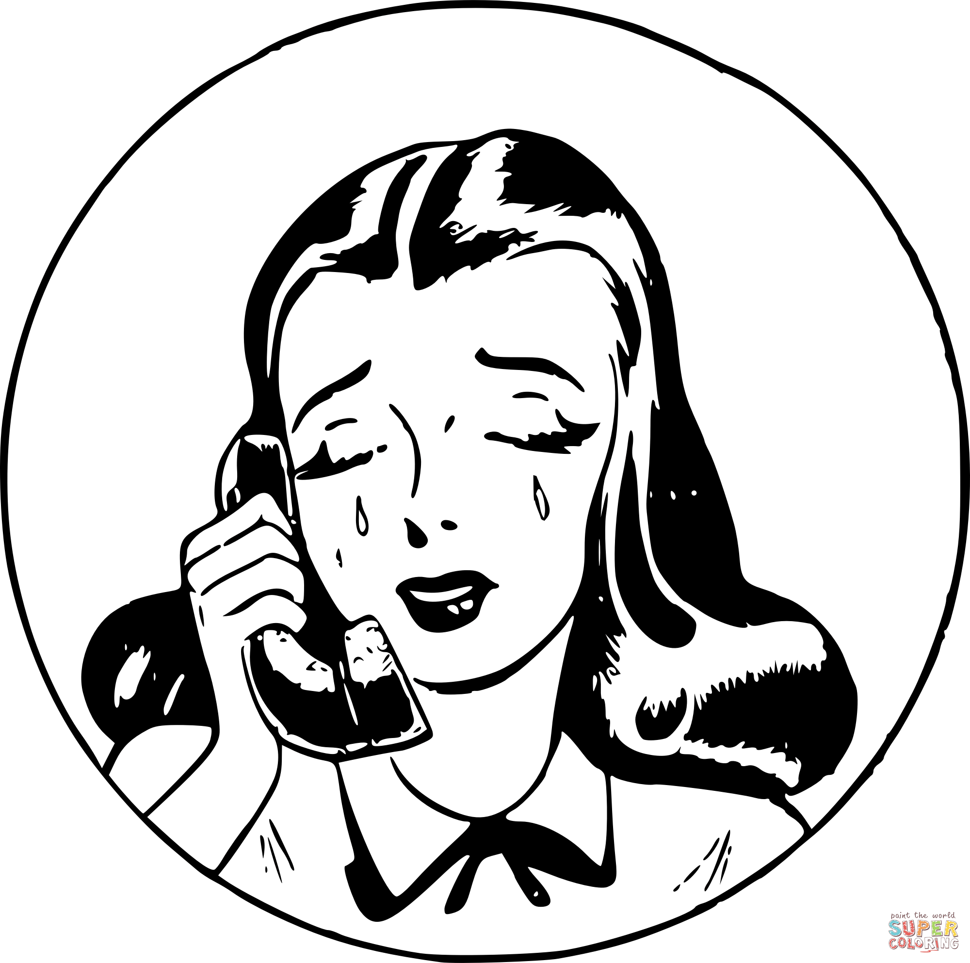Vintage sad girl on phone coloring page free printable coloring pages