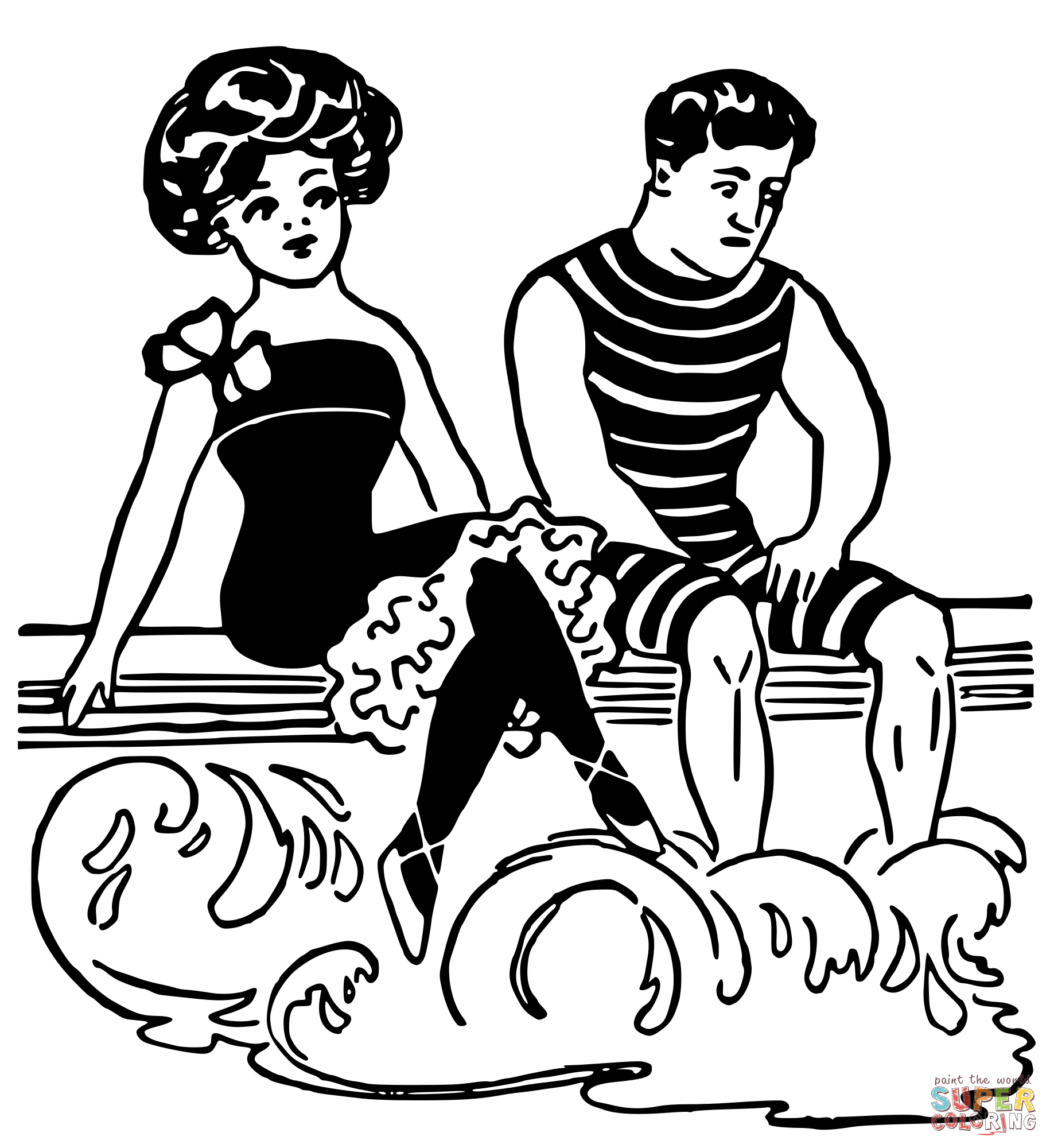 Vintage girl and sad guy at the beach coloring page free printable coloring pages