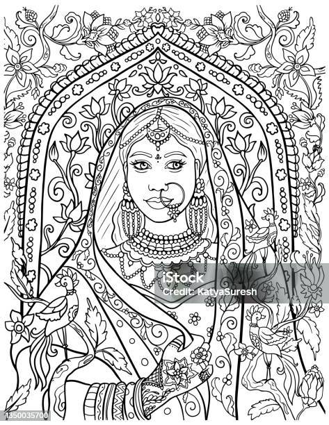 Indian woman in traditional ethnic saree dress with floral background adult coloring book page stock illustration