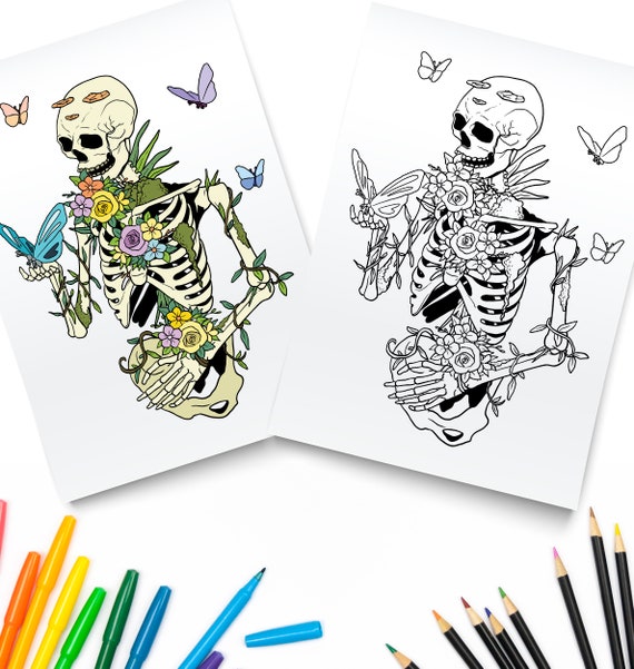 Buy printable fairycore skeleton skeleton and flowers digital download vintage goth coloring page online in india