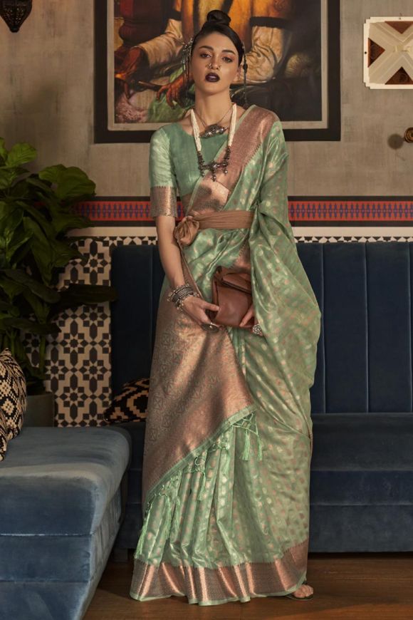 Sea green color art silk fabric function wear vintage saree