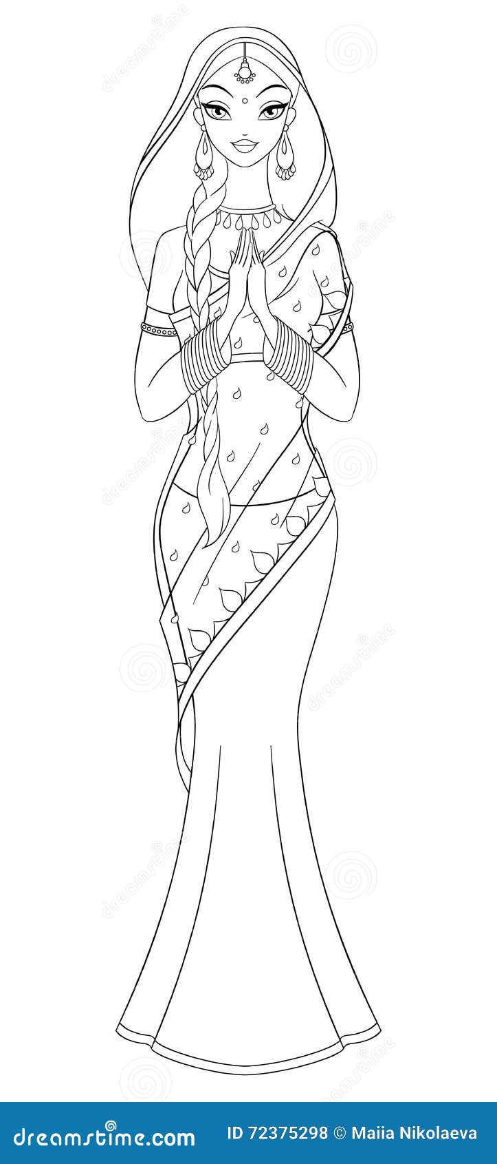 Outlined indian girl in sari coloring page vector illustration stock vector