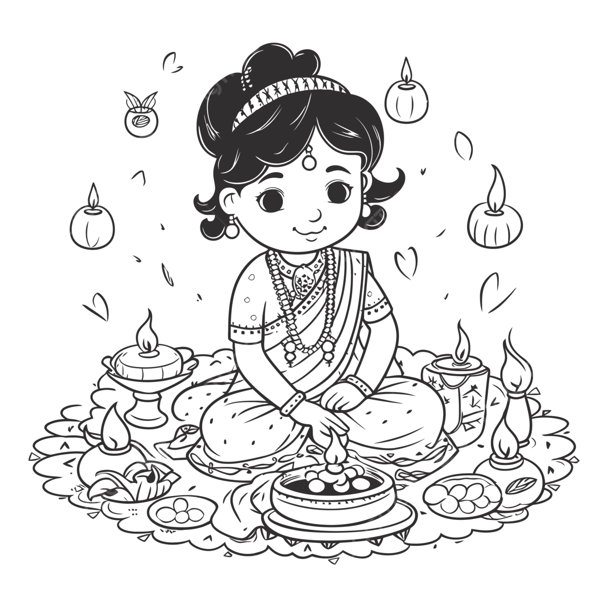 Beautiful indian girl coloring page on the ground of indian festival outline sketch drawing vector wing drawing girl drawing ring drawing png and vector with transparent background for free download