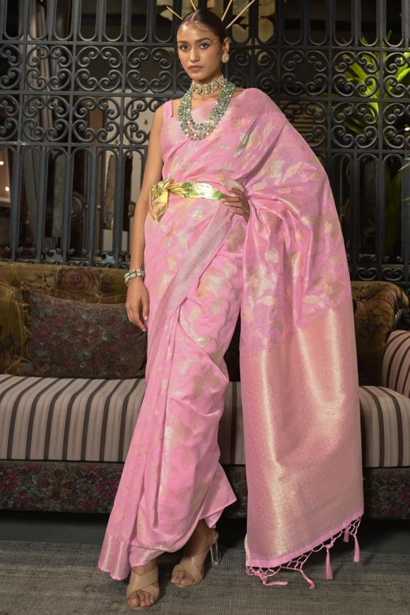 Pink color art silk fabric party look vintage saree