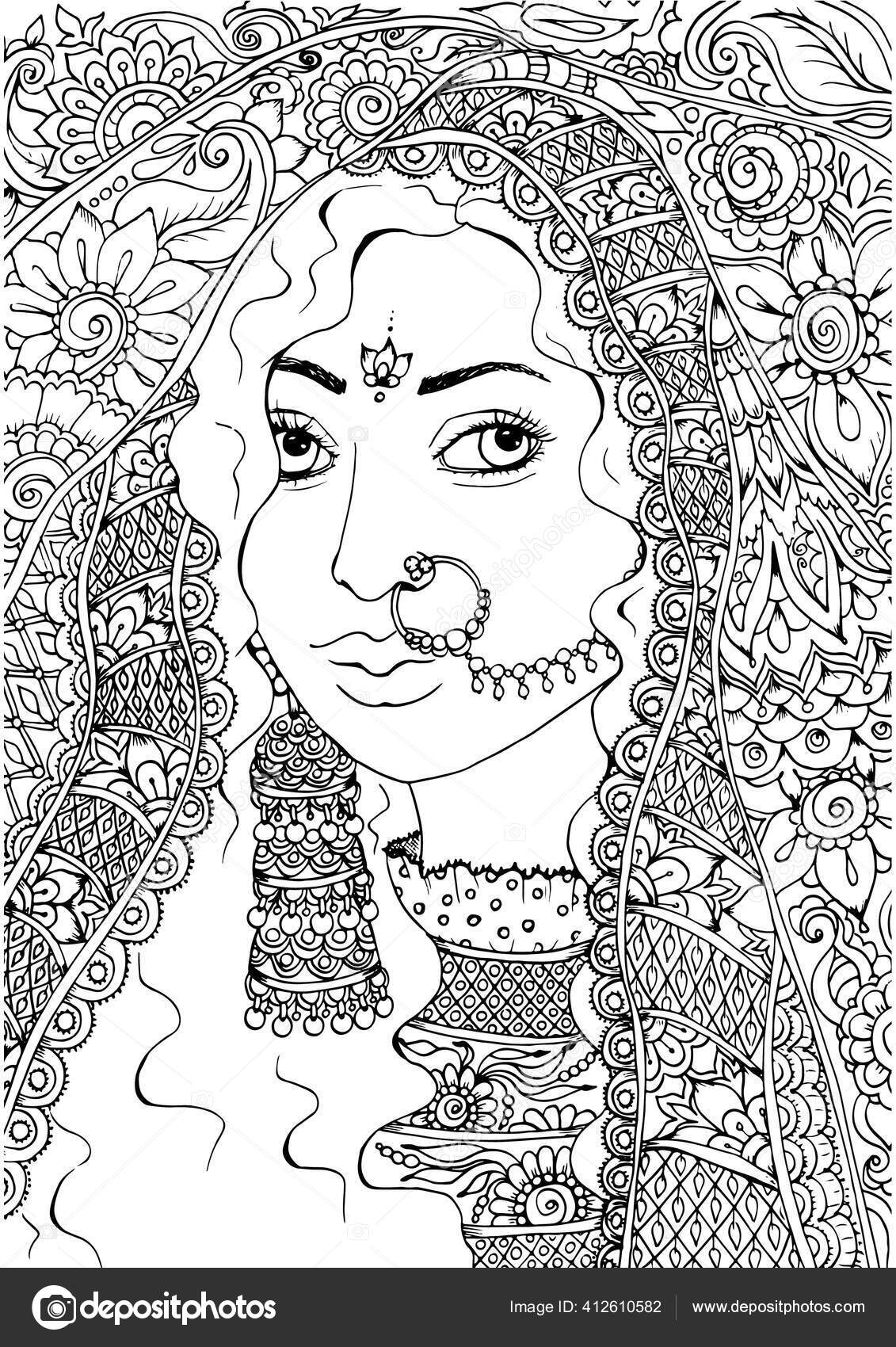 Portrait indian woman saree ornamental adult coloring book page zentangle stock illustration by katyasuresh