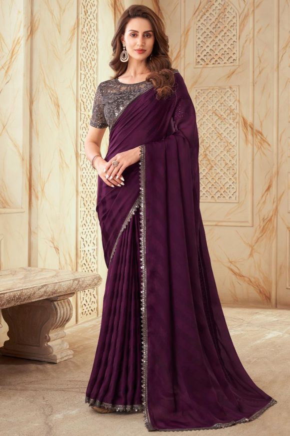 Vintage border work party style silk saree in wine color