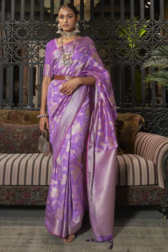 Lavender color art silk fabric party look vintage saree