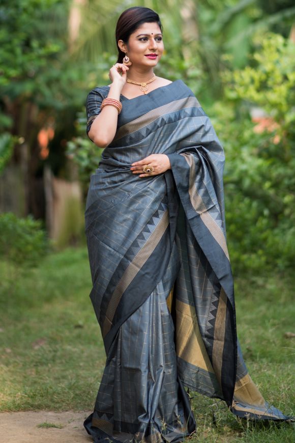 Grey color art silk fabric festive look vintage saree