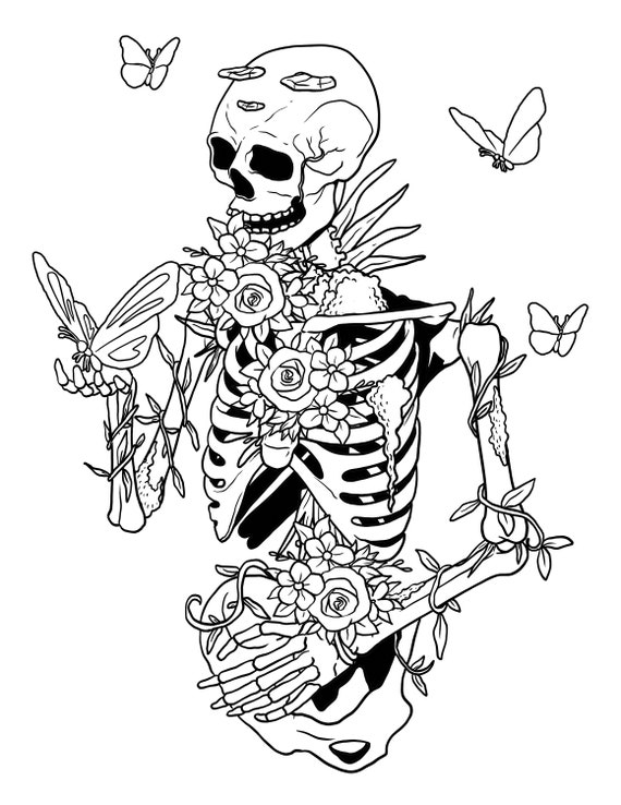 Buy printable fairycore skeleton skeleton and flowers digital download vintage goth coloring page online in india