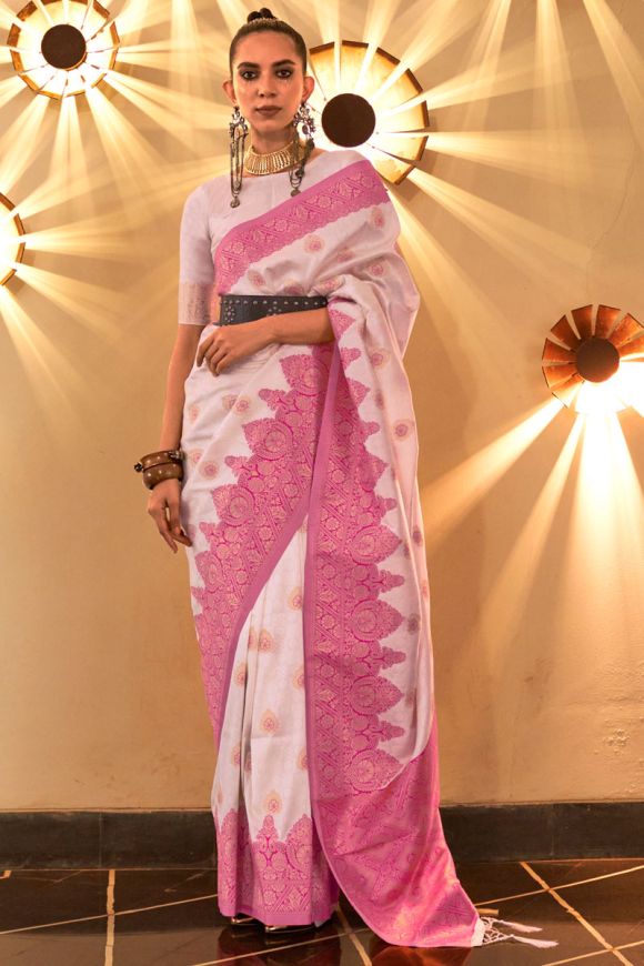 Function look vintage silk saree in white color