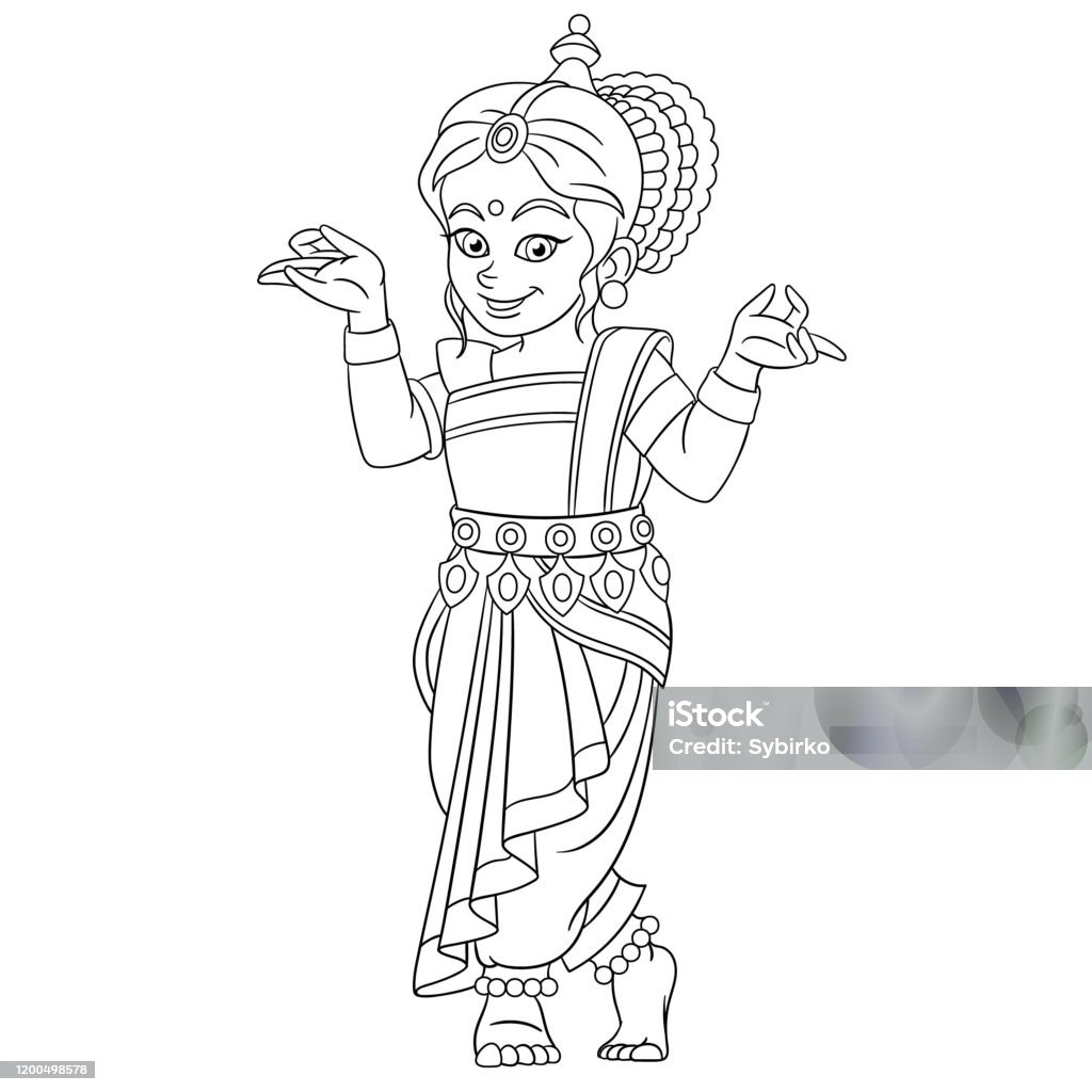 Coloring page of cartoon indian dancing girl stock illustration