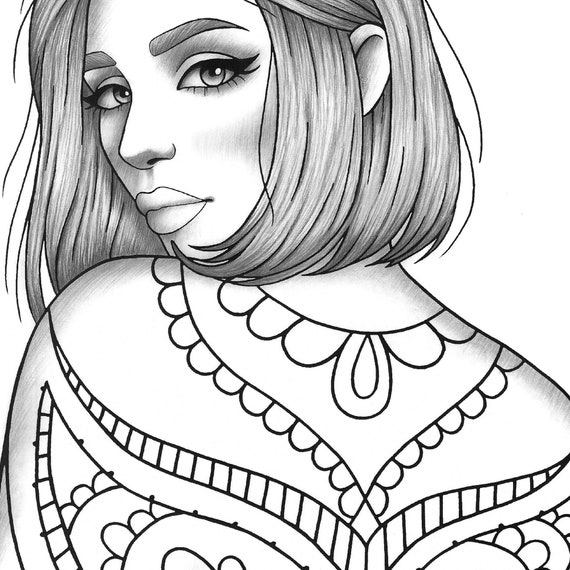 Printable coloring page girl portrait and clothes colouring sheet fashion pdf adult anti